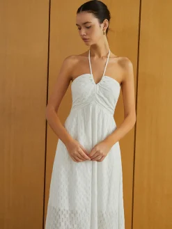 Sale Textured Shirred Halter Knotted Vacation Long Dress White Dresses|Casual Dresses