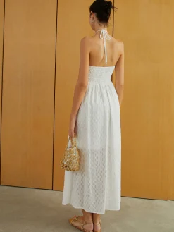 Sale Textured Shirred Halter Knotted Vacation Long Dress White Dresses|Casual Dresses