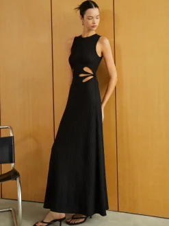 New Textured Sleeveless Cutout Long Dress Black Dresses|Casual Dresses