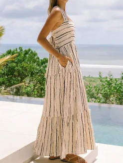 Best Tie Back Stripe Pockets Dress Casual Dresses|Vacation Dresses