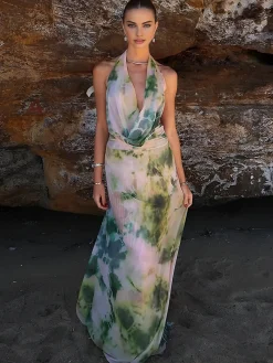 Online Tie Dye Print Halter Backless Skirt Set Skirt Sets|Long Sleeve Sets