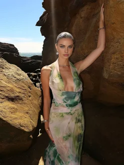 Online Tie Dye Print Halter Backless Skirt Set Skirt Sets|Long Sleeve Sets
