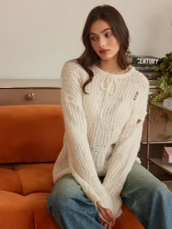 Online Tie Front Hollow Shift Sweater Sweater Tops|Sweaters & Cardigans