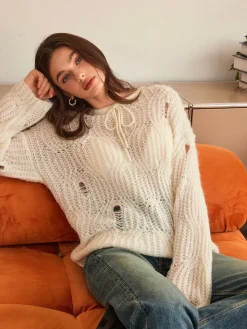 Online Tie Front Hollow Shift Sweater Sweater Tops|Sweaters & Cardigans