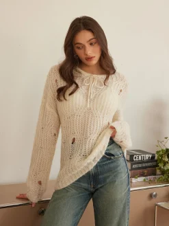 Online Tie Front Hollow Shift Sweater Sweater Tops|Sweaters & Cardigans
