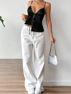 New Tie Front Satin Cami Top Tank Tops & Camis|Tops