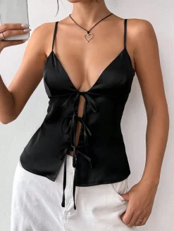 New Tie Front Satin Cami Top Tank Tops & Camis|Tops