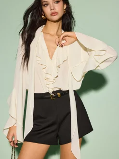 Clearance Tie Neck Chiffon Ruffle Shirt Tops