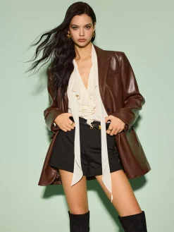 Clearance Tie Neck Chiffon Ruffle Shirt Tops