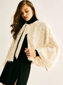 Online Tie Neck Fuzzy Blazer Outerwear|Blazers