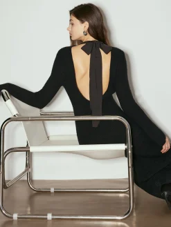 Hot Tie Neck Open Back Long Dress Black Dresses|Casual Dresses