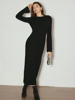 Hot Tie Neck Open Back Long Dress Black Dresses|Casual Dresses