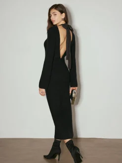 Hot Tie Neck Open Back Long Dress Black Dresses|Casual Dresses