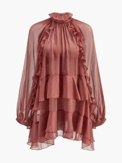 Online Tie Neck Semi-Sheer Ruffle Chiffon Dress Dresses