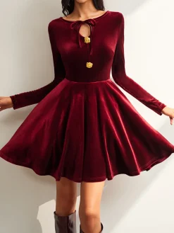 Online Tie Neck Velvet Pleated Dress Casual Dresses|Vacation Dresses