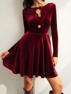 Online Tie Neck Velvet Pleated Dress Casual Dresses|Vacation Dresses