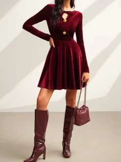Online Tie Neck Velvet Pleated Dress Casual Dresses|Vacation Dresses