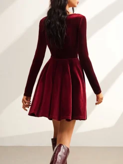 Online Tie Neck Velvet Pleated Dress Casual Dresses|Vacation Dresses