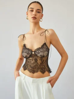 Best Tie Shoulder Floral Lace Crop Top Crop Tops|Tank Tops & Camis