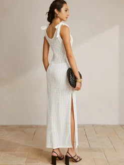 Discount Tie Shoulder Slit Ribbed Long Dress White Dresses|Casual Dresses