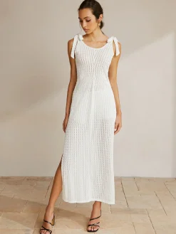 Discount Tie Shoulder Slit Ribbed Long Dress White Dresses|Casual Dresses