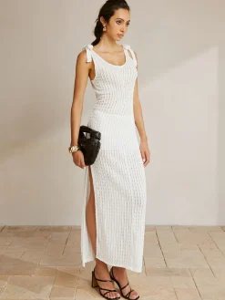 Discount Tie Shoulder Slit Ribbed Long Dress White Dresses|Casual Dresses