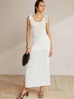 Discount Tie Shoulder Slit Ribbed Long Dress White Dresses|Casual Dresses