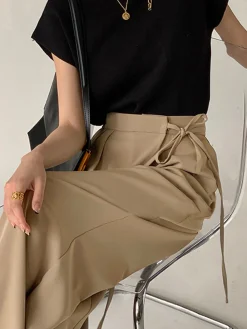 Sale Tie Waist Flowy Wide Leg Dress Pants Wide Leg|Pants