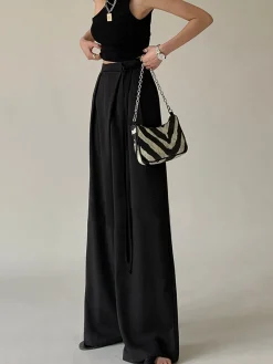 Sale Tie Waist Flowy Wide Leg Dress Pants Wide Leg|Pants