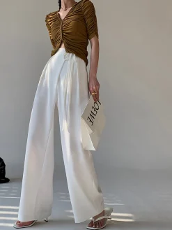 Sale Tie Waist Flowy Wide Leg Dress Pants Wide Leg|Pants