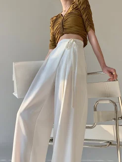 Sale Tie Waist Flowy Wide Leg Dress Pants Wide Leg|Pants