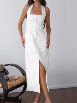 Discount Tied Halter Open Back Cotton Linen Midi Dress White Dresses|Casual Dresses