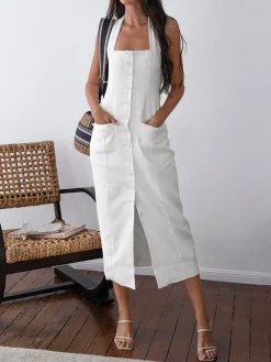 Discount Tied Halter Open Back Cotton Linen Midi Dress White Dresses|Casual Dresses
