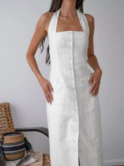 Discount Tied Halter Open Back Cotton Linen Midi Dress White Dresses|Casual Dresses