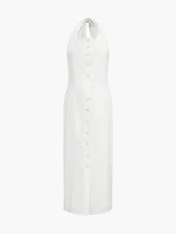Discount Tied Halter Open Back Cotton Linen Midi Dress White Dresses|Casual Dresses