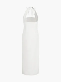 Discount Tied Halter Open Back Cotton Linen Midi Dress White Dresses|Casual Dresses