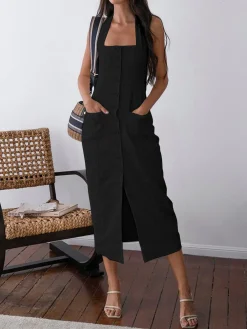 Discount Tied Halter Open Back Cotton Linen Midi Dress White Dresses|Casual Dresses