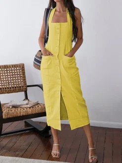Discount Tied Halter Open Back Cotton Linen Midi Dress White Dresses|Casual Dresses