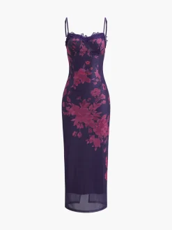Tied Lace Trim Floral Mesh Long Dress Casual Dresses|Floral Dresses