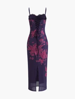 Tied Lace Trim Floral Mesh Long Dress Casual Dresses|Floral Dresses