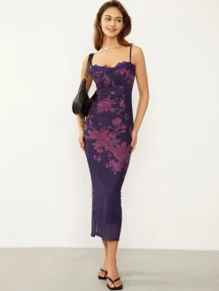 Tied Lace Trim Floral Mesh Long Dress Casual Dresses|Floral Dresses
