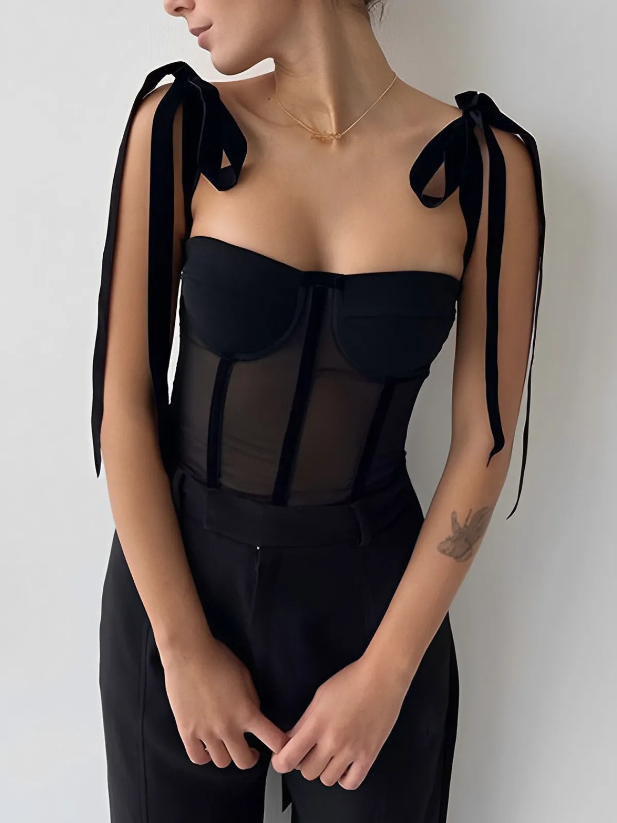 Clearance Tied Mesh Corset Crop Top Corset Tops|Crop Tops