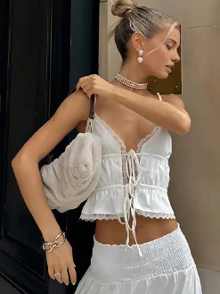Online Tie-Front Lace Trim Cami Top Tank Tops & Camis