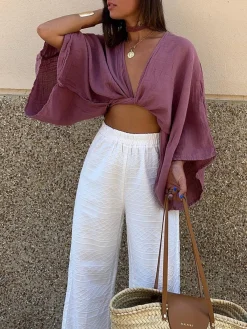 Tie-Front Long Sleeve Cropped Blouse Crop Tops|Blouses & Shirts