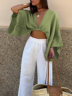 Tie-Front Long Sleeve Cropped Blouse Crop Tops|Blouses & Shirts