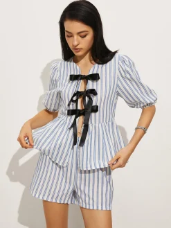 Tie-Front Stripe Shorts Set Shorts Sets|Shorts
