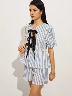 Tie-Front Stripe Shorts Set Shorts Sets|Shorts