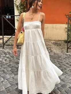 New Tiered Cami Long Dress White Dresses|Casual Dresses