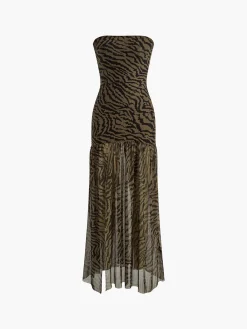 Discount Tiger Print Strapless Mesh Dress Casual Dresses|Cocktail & Party Dresses