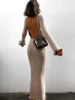 Tranquility Rib Open Back Long Sleeve Long Dress Sweater Dresses|Sweater Dresses